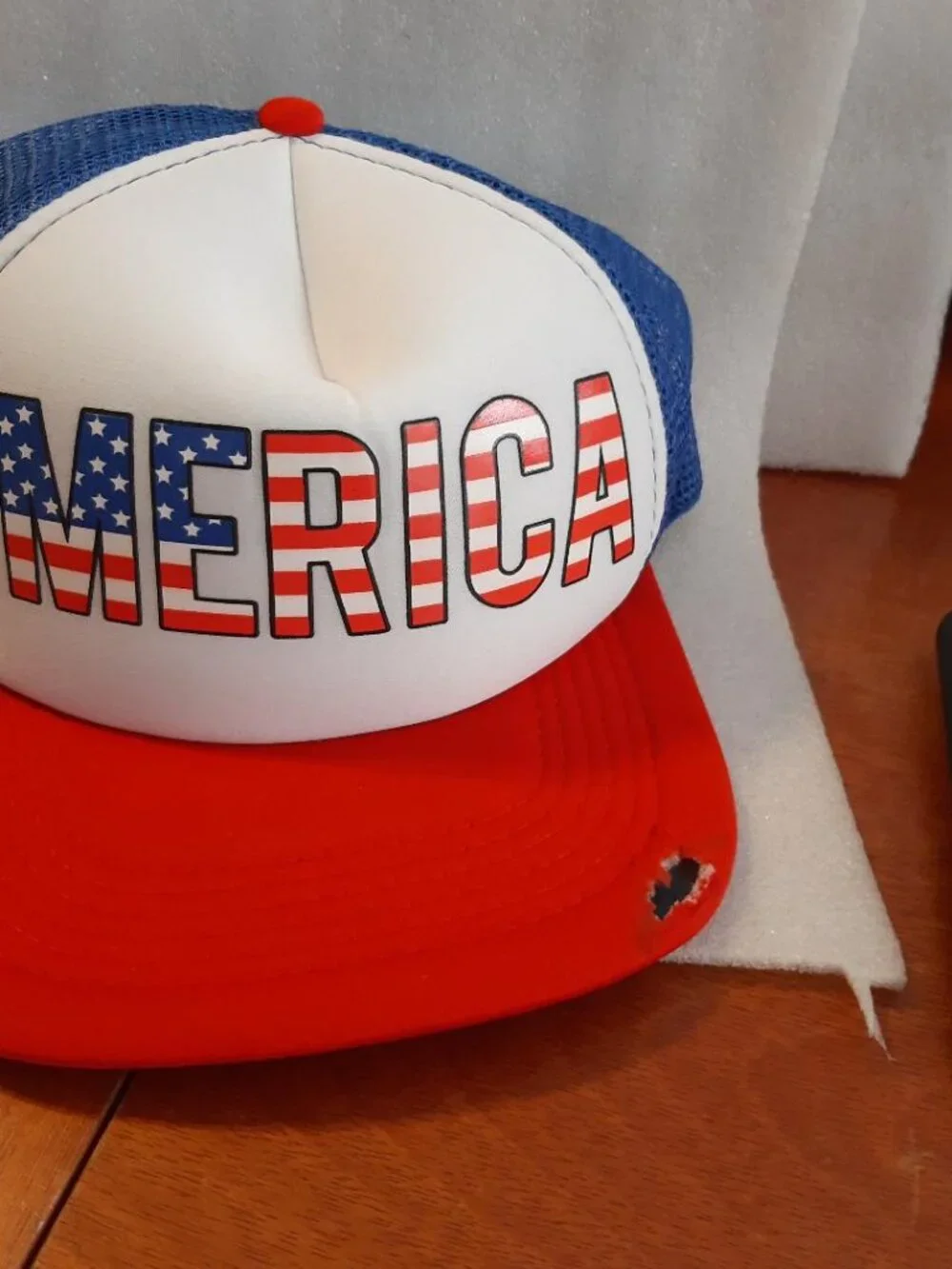Merica Red White Blue Mesh Truck Hat NEW W DEFECT Left Front Corner Had A Hole